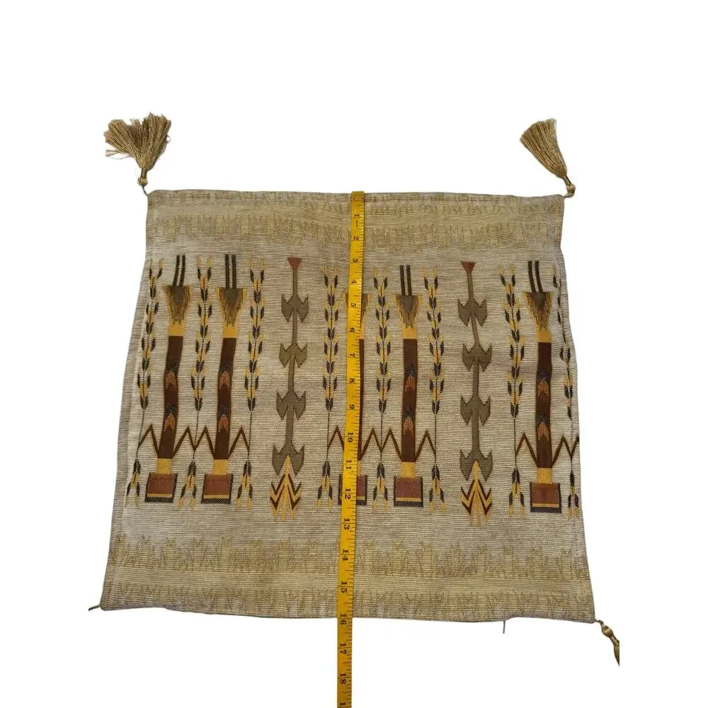 THE LOOM ALASKA Tan & Gold Embroidered Pillow Cover Square Corduroy Indigenous